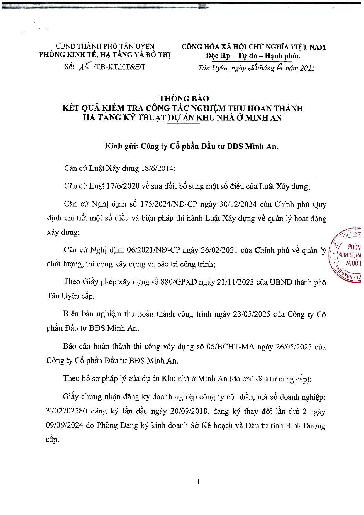 Thông báo kết quả hoàn thành HTKT KNO Minh An