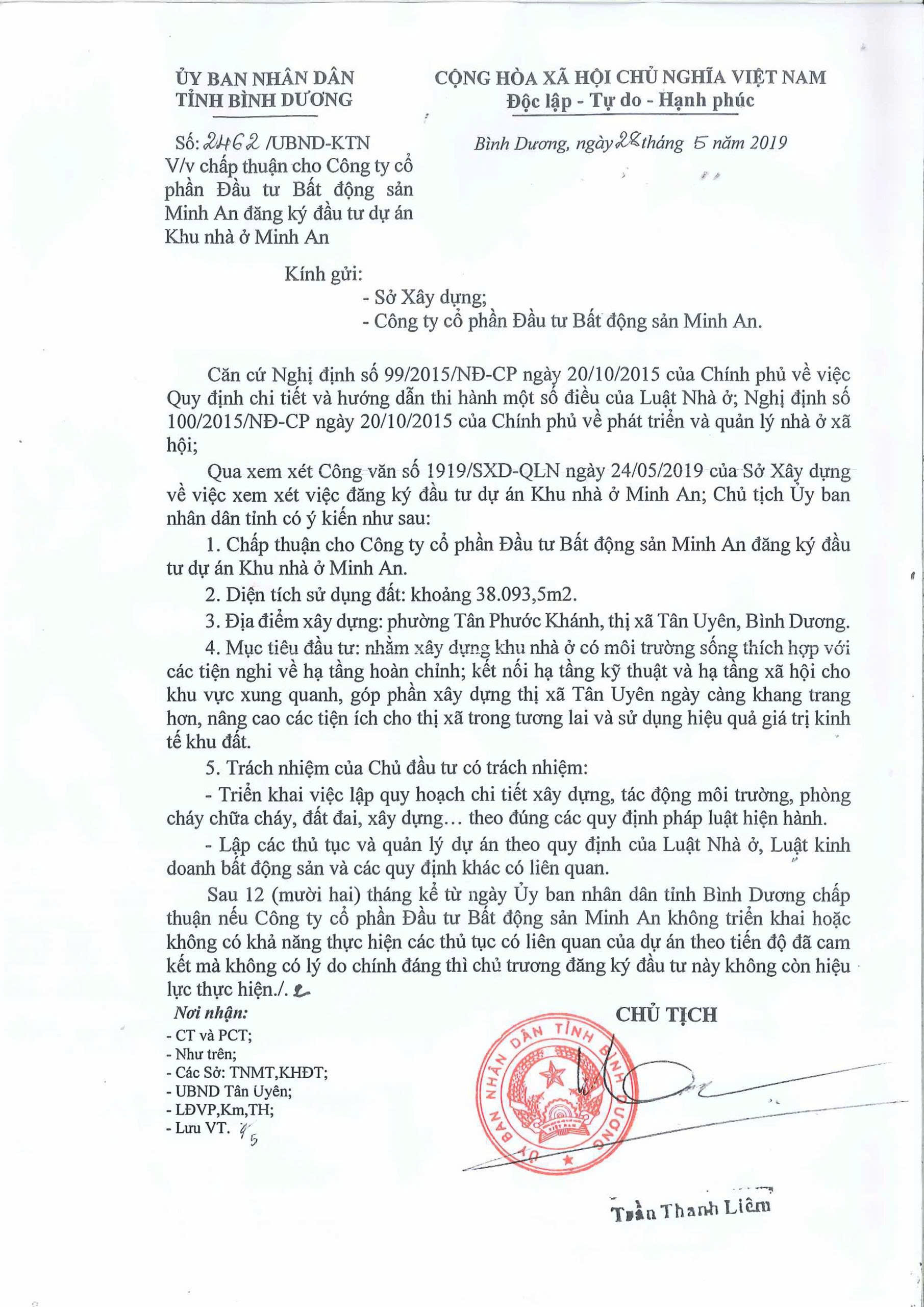 UBND chấp thuận đầu tư dự án Minh An